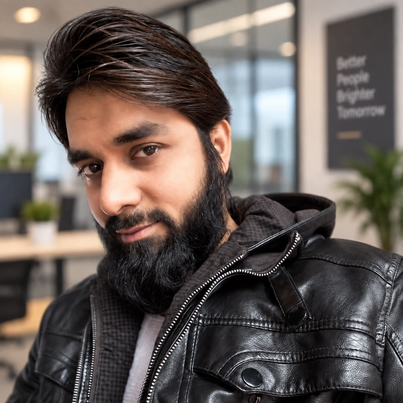 Portrait of Mani Khan (Abdul Rehman), a software engineer with a full dark beard, wearing a black leather jacket